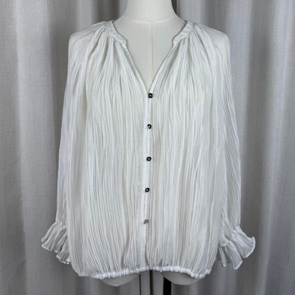 Ramy Brook White Pleated Button Down Blouse Ruffle Cuff Top Womens Size Medium
